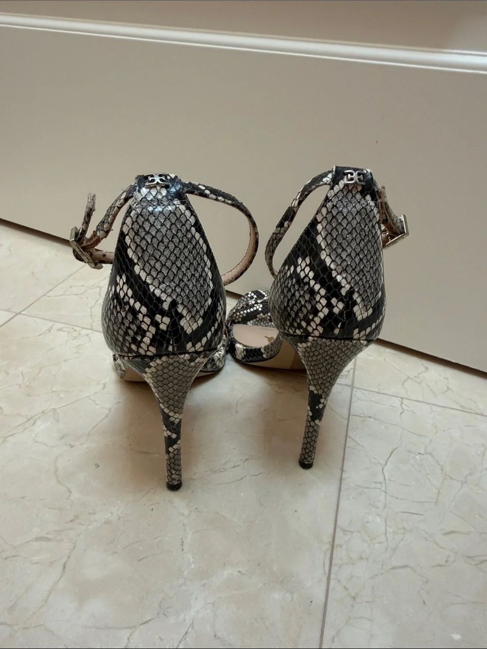 Sam Edelman Black & White Snake-Print Strappy Heels